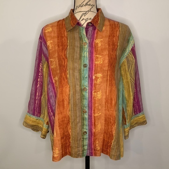 IOS linen shirt or jacket button front multi color M - Picture 1 of 6